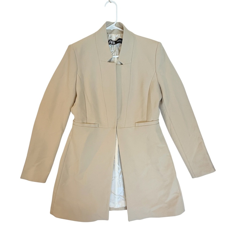 Zara Blazer Women Medium Tan Beige Open Front Shoulder Pads 820/518